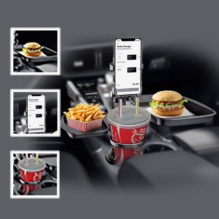 5-in-1 Car Cup Holder Expander with Detachable Tray, Phone & Dual Plate Holder – Essential Road Trip Gadget